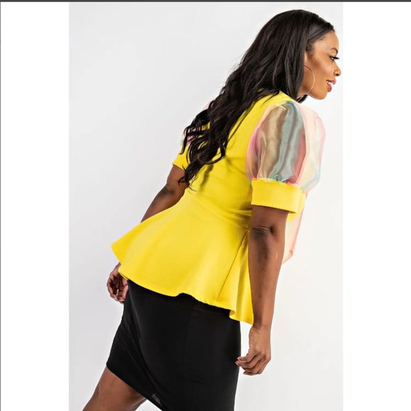 YELLOW- Multi Colored Tie Neck Organza Puff Sleeve Peplum - Picture 3 of 3